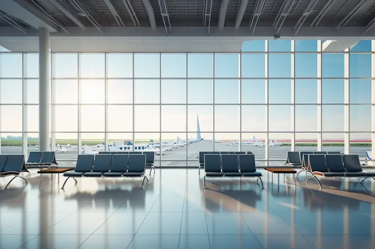 Modern airport terminal with empty seating area and a view of airplanes on the runway through large windows.